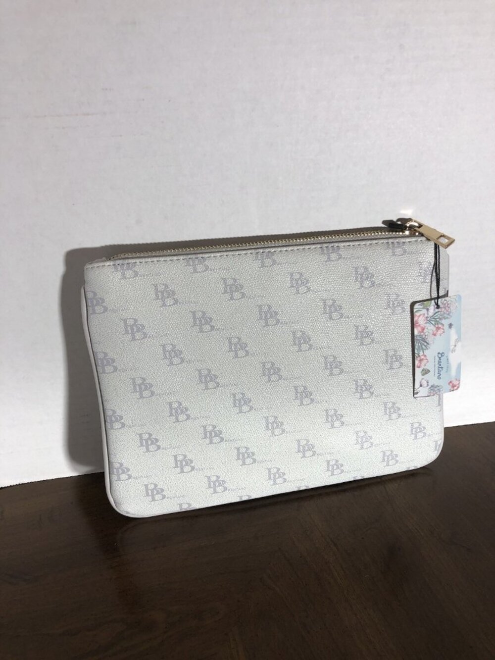 Brentano Clutch Bag Purse Light Gray Logo Print Gold Zipper Pocket Tassel Handle